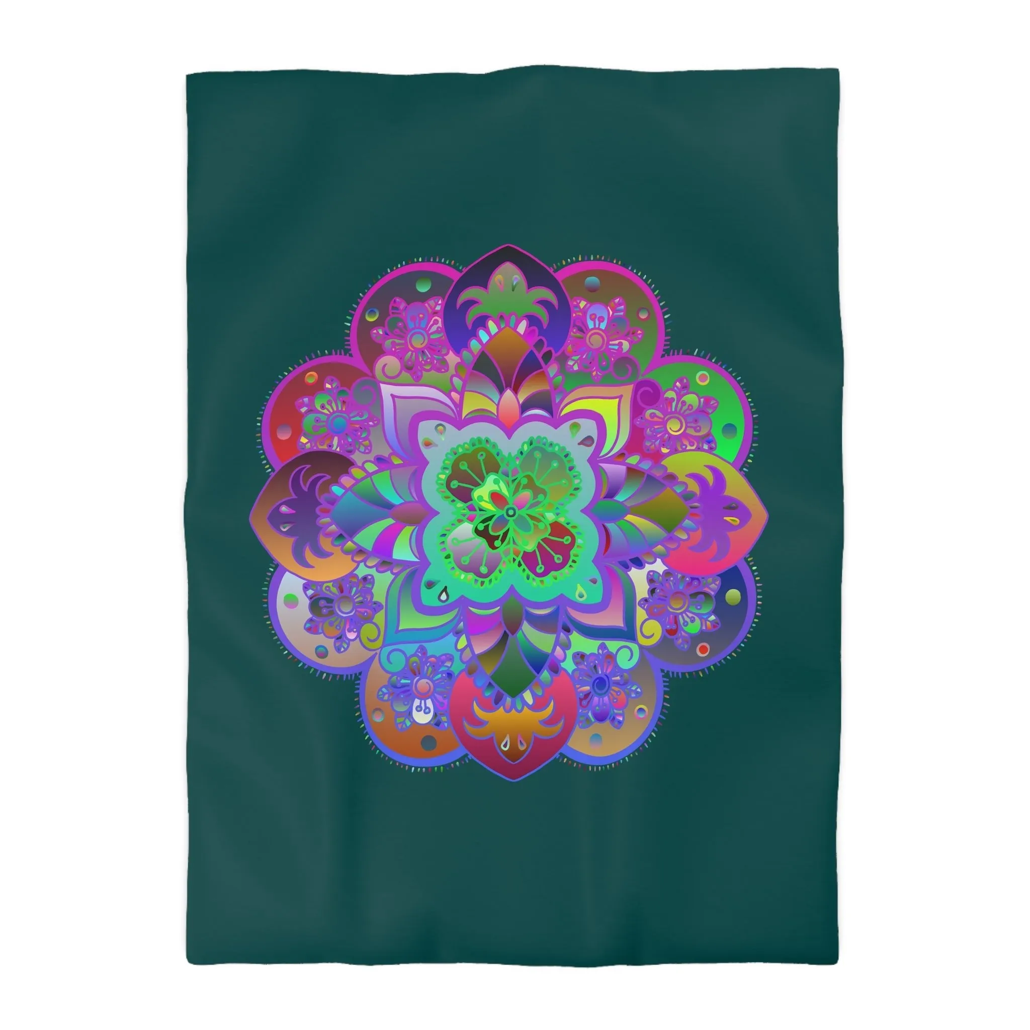 Handmade Mandala Design Microfiber Duvet Cover - Colorful Mandala on Dark Petroleum Green Background