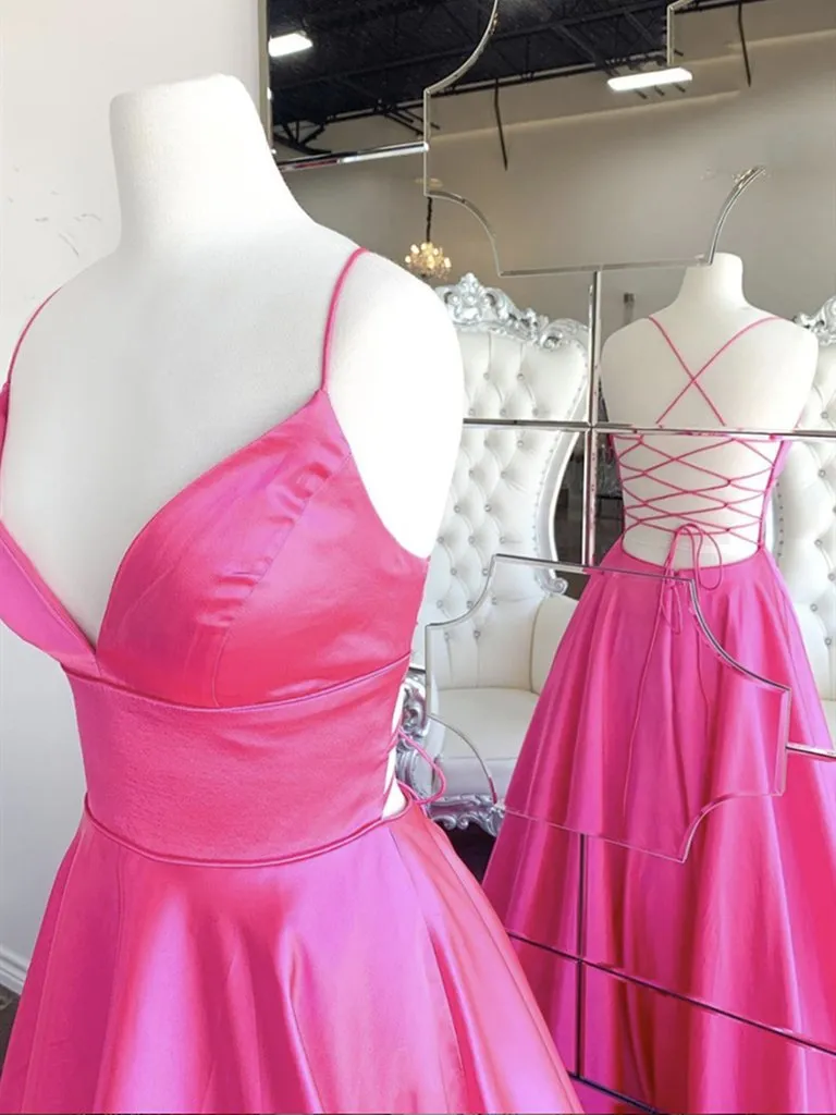 Hot Pink Satin Prom Dresses, A-line Prom Dresses, Simple Prom Dresses, Cheap Prom Dresses, 2021 Prom Dresses