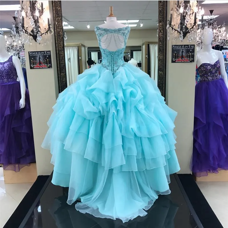 Jewelry Neck Beaded Bodice Organza Layered Ball Gowns Quinceanera Dresses