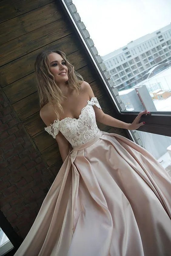 Lace Top Long Off Shoulder A-line Satin Wedding Dresses