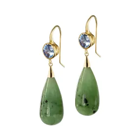 LIGHT BLUE SAPPHIRE WITH NEPHRITE JADE DROP EARRINGS