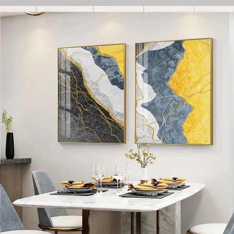 Modern Abstract Shades Of Grey Blue Yellow Wall Art Fine Art Canvas Prints Pictures For Modern Apartment Living Room Light Luxury Home Decor