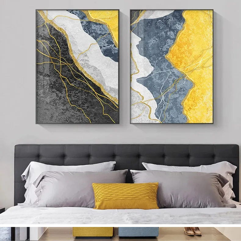 Modern Abstract Shades Of Grey Blue Yellow Wall Art Fine Art Canvas Prints Pictures For Modern Apartment Living Room Light Luxury Home Decor