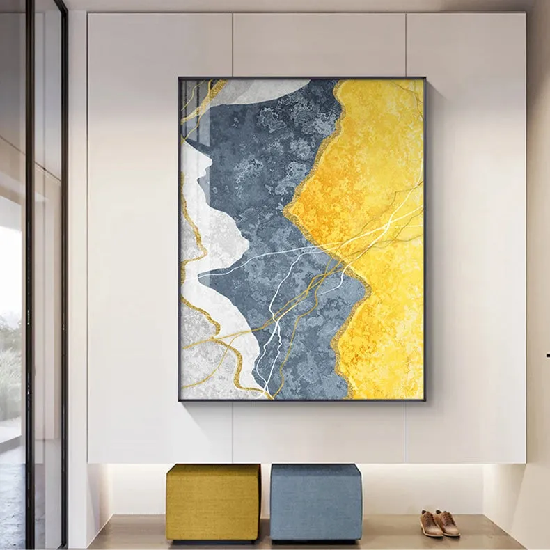 Modern Abstract Shades Of Grey Blue Yellow Wall Art Fine Art Canvas Prints Pictures For Modern Apartment Living Room Light Luxury Home Decor