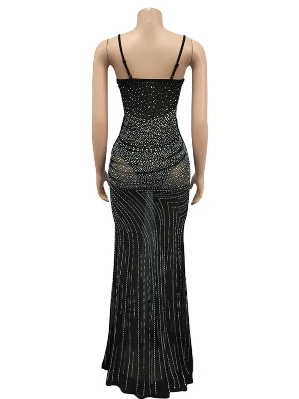 Momnfancy Bodycon Rhinestone Mesh Glitter Mermaid Cutout Elegant Evening Photoshoot Maternity Maxi Dress