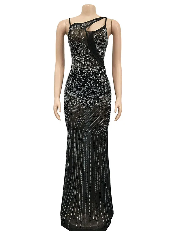 Momnfancy Bodycon Rhinestone Mesh Glitter Mermaid Cutout Elegant Evening Photoshoot Maternity Maxi Dress