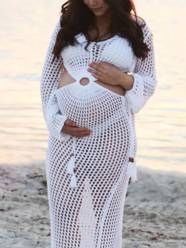 Momnfancy Elegant White Cutout Bare Waist Transparent Crochet Backless Lace Up Holiday Beach Cover-Ups Maternity Maxi Dress