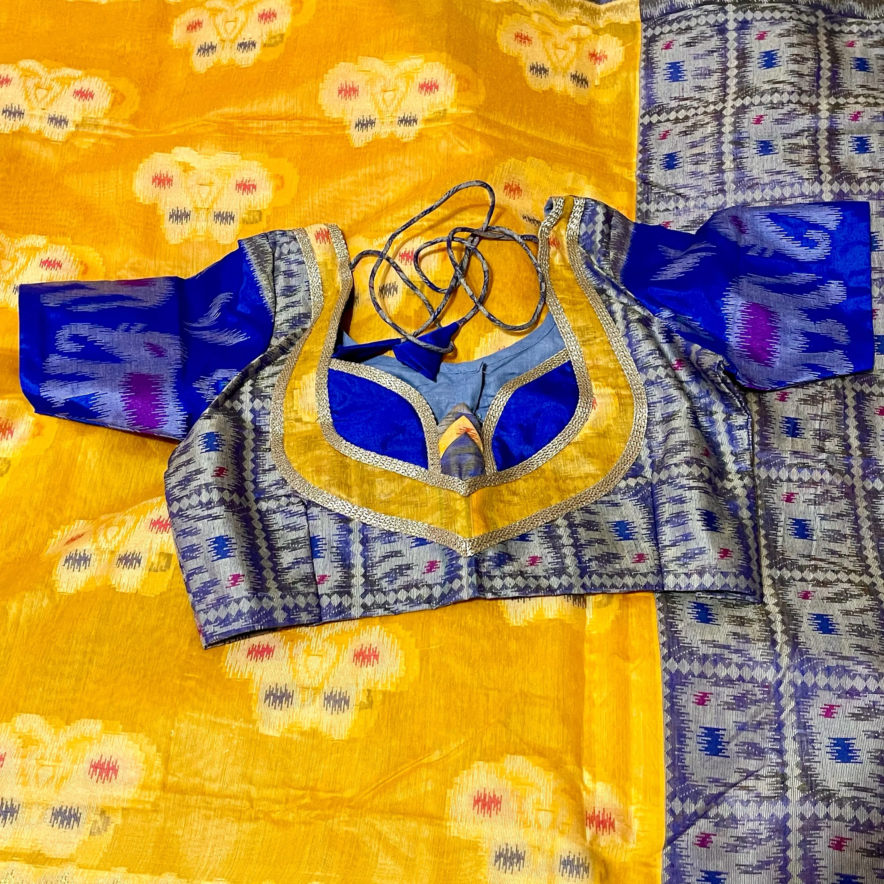 Mustard Yellow & Blue Ikkat Pochampalli soft cotton silk saree