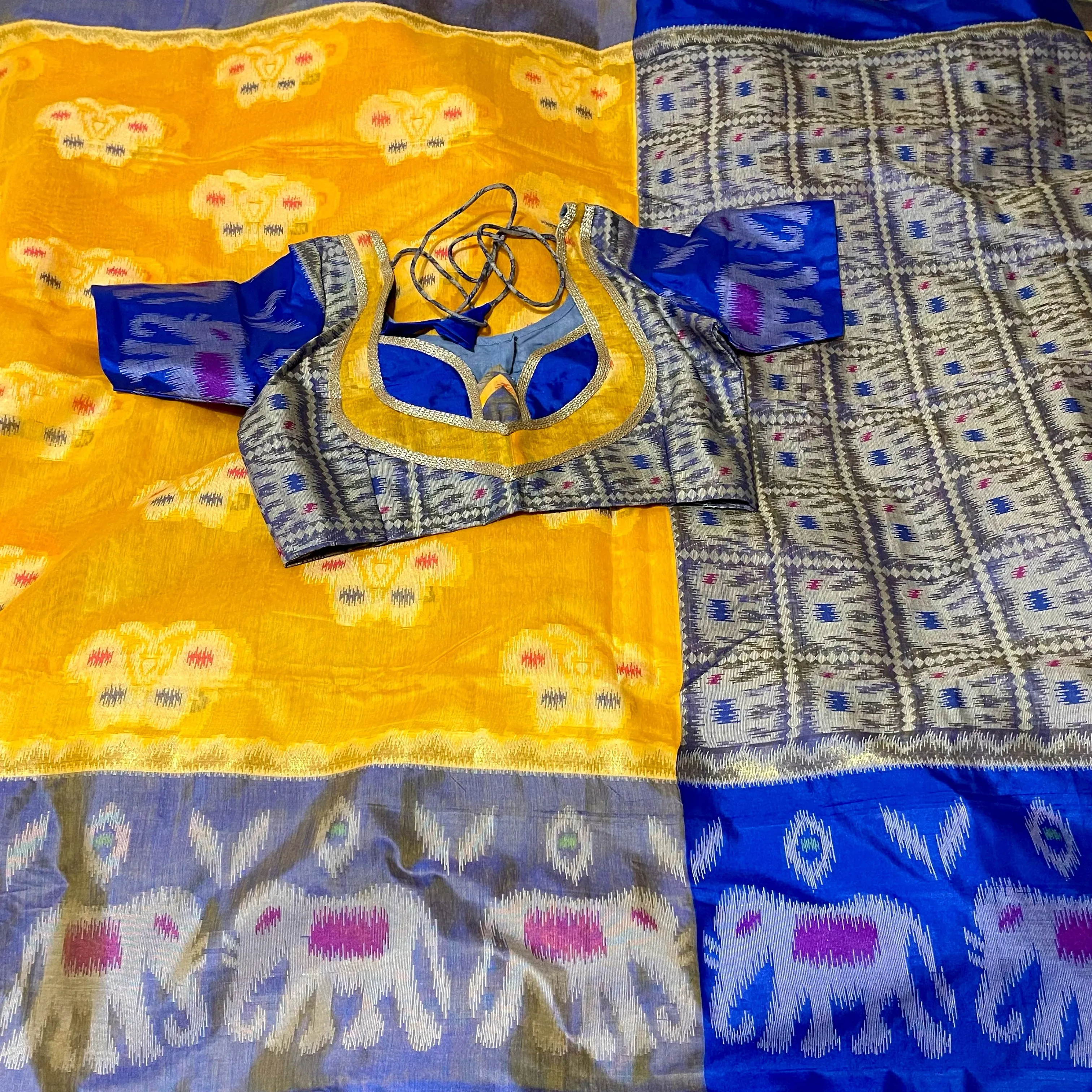 Mustard Yellow & Blue Ikkat Pochampalli soft cotton silk saree