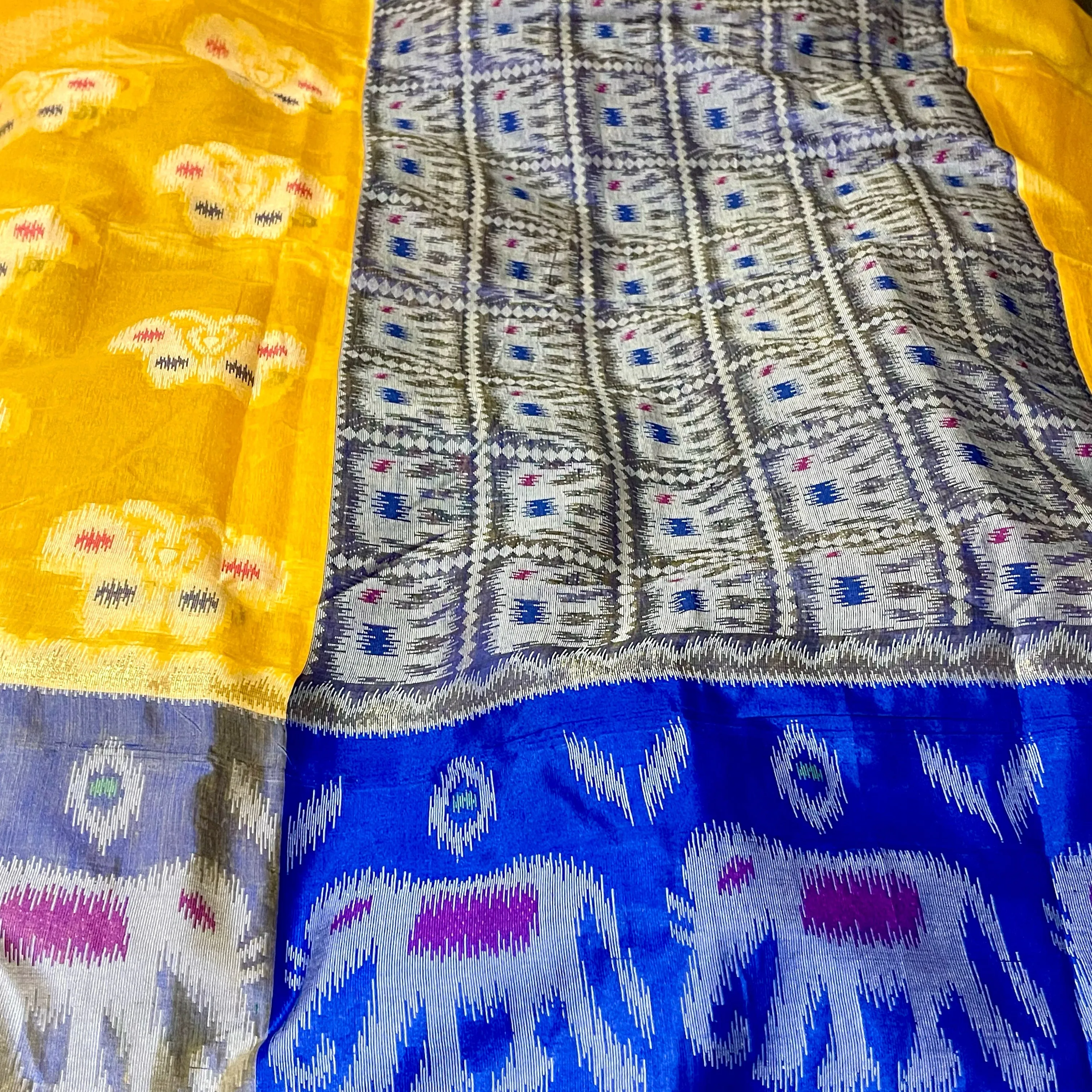 Mustard Yellow & Blue Ikkat Pochampalli soft cotton silk saree