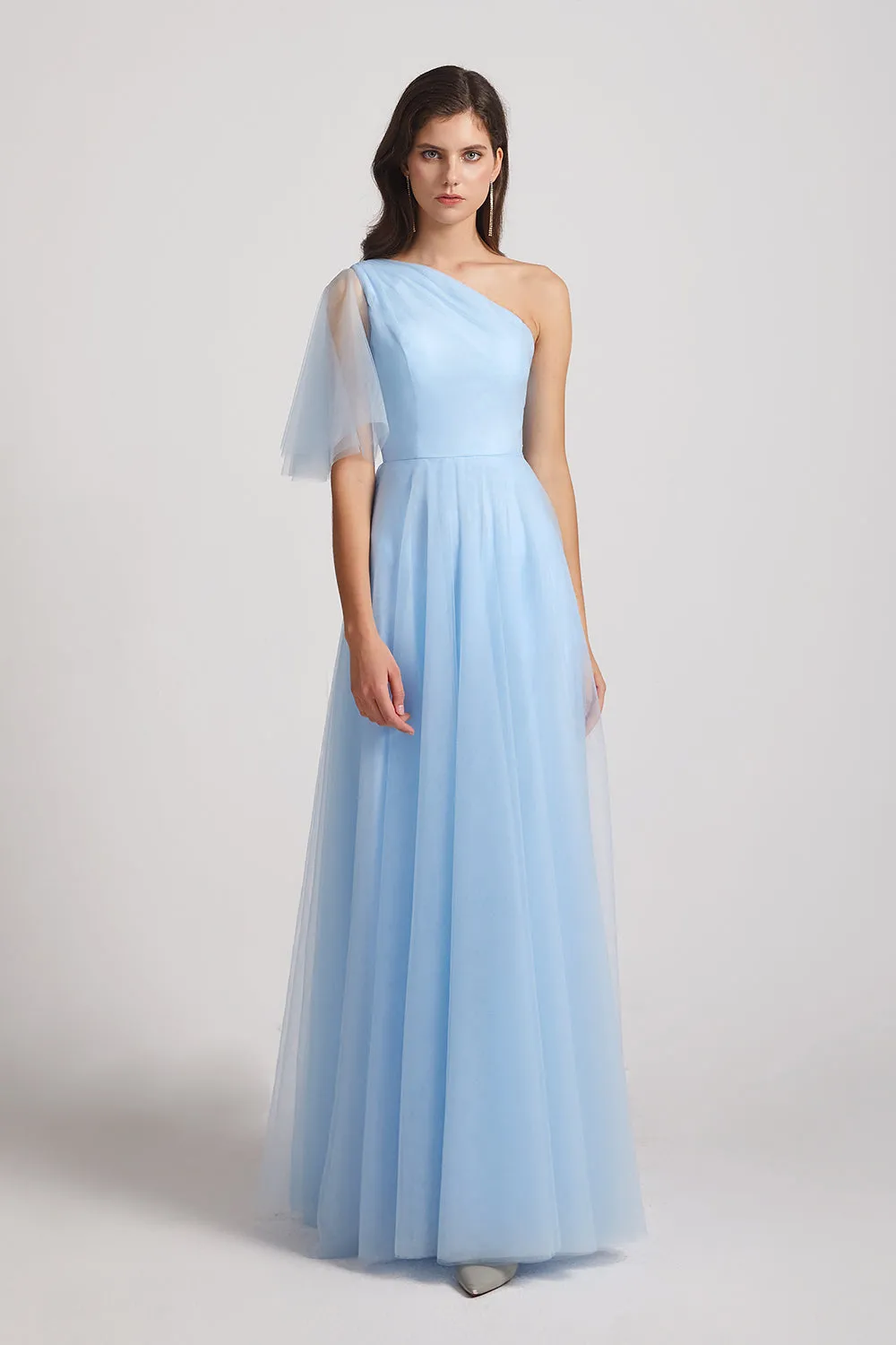 One Shoulder Flutter Sleeve A-Line Tulle Long Blue Bridesmaid Dresses (AF0045)