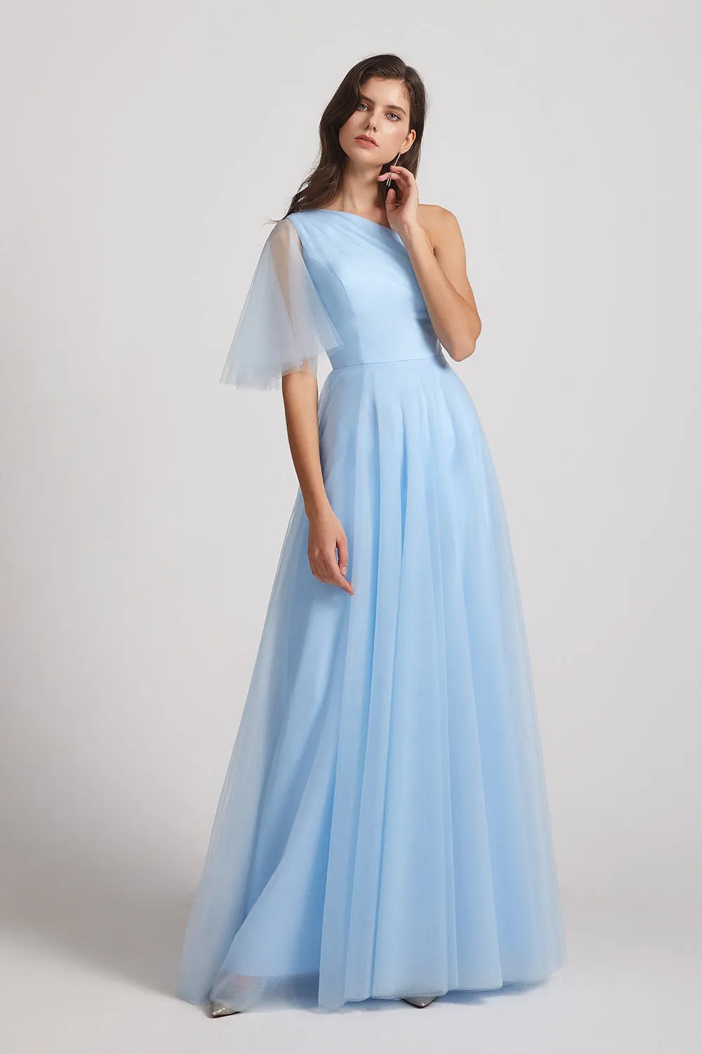 One Shoulder Flutter Sleeve A-Line Tulle Long Blue Bridesmaid Dresses (AF0045)