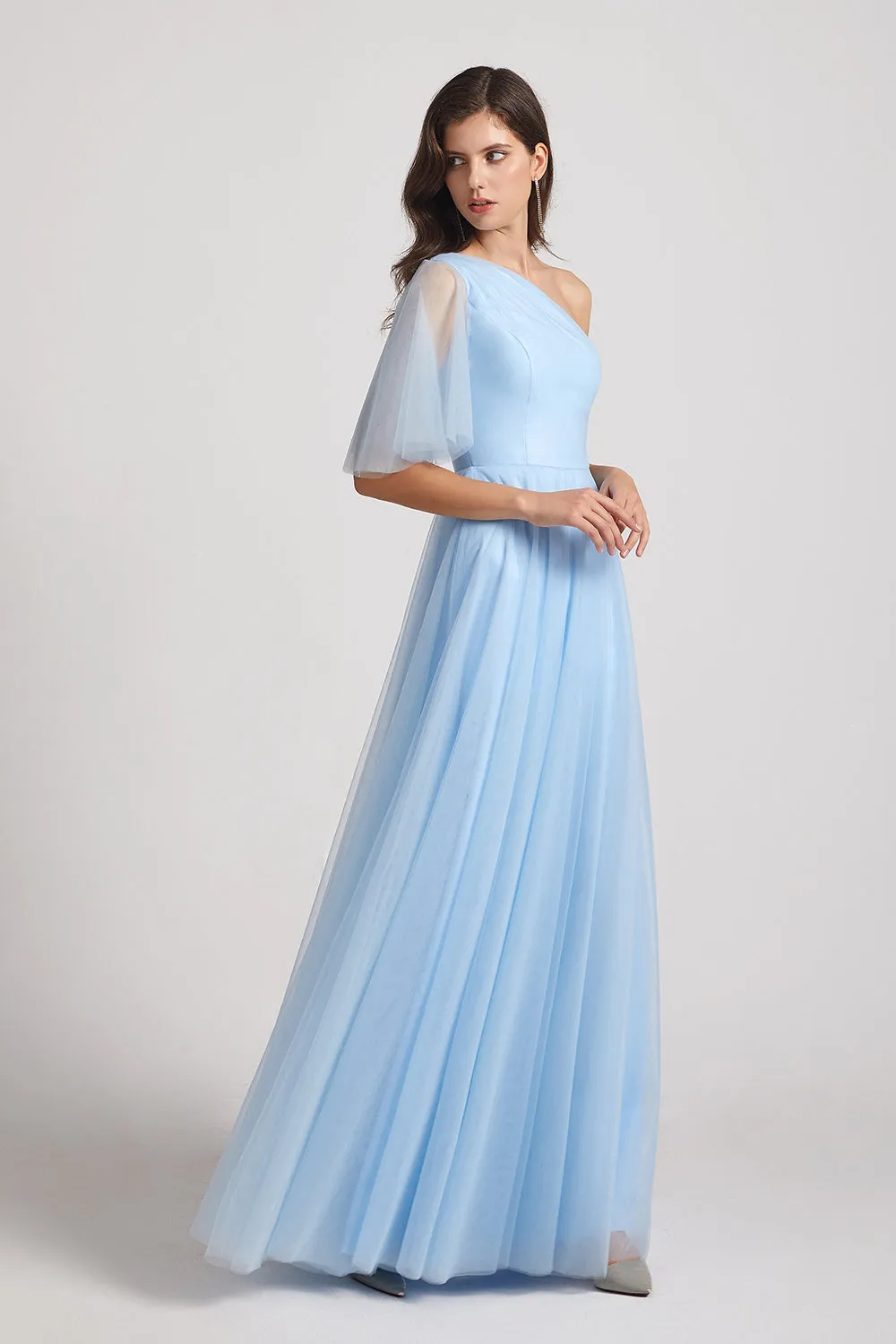 One Shoulder Flutter Sleeve A-Line Tulle Long Blue Bridesmaid Dresses (AF0045)