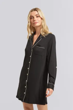 Petra Tencel™ Sleep Shirt - Black with Blush Piping