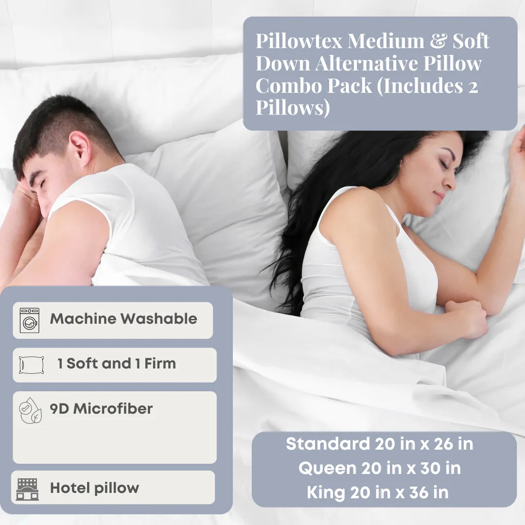 Pillowtex Medium & Soft Down Alternative Pillow Combo Pack (Includes 2 Pillows)