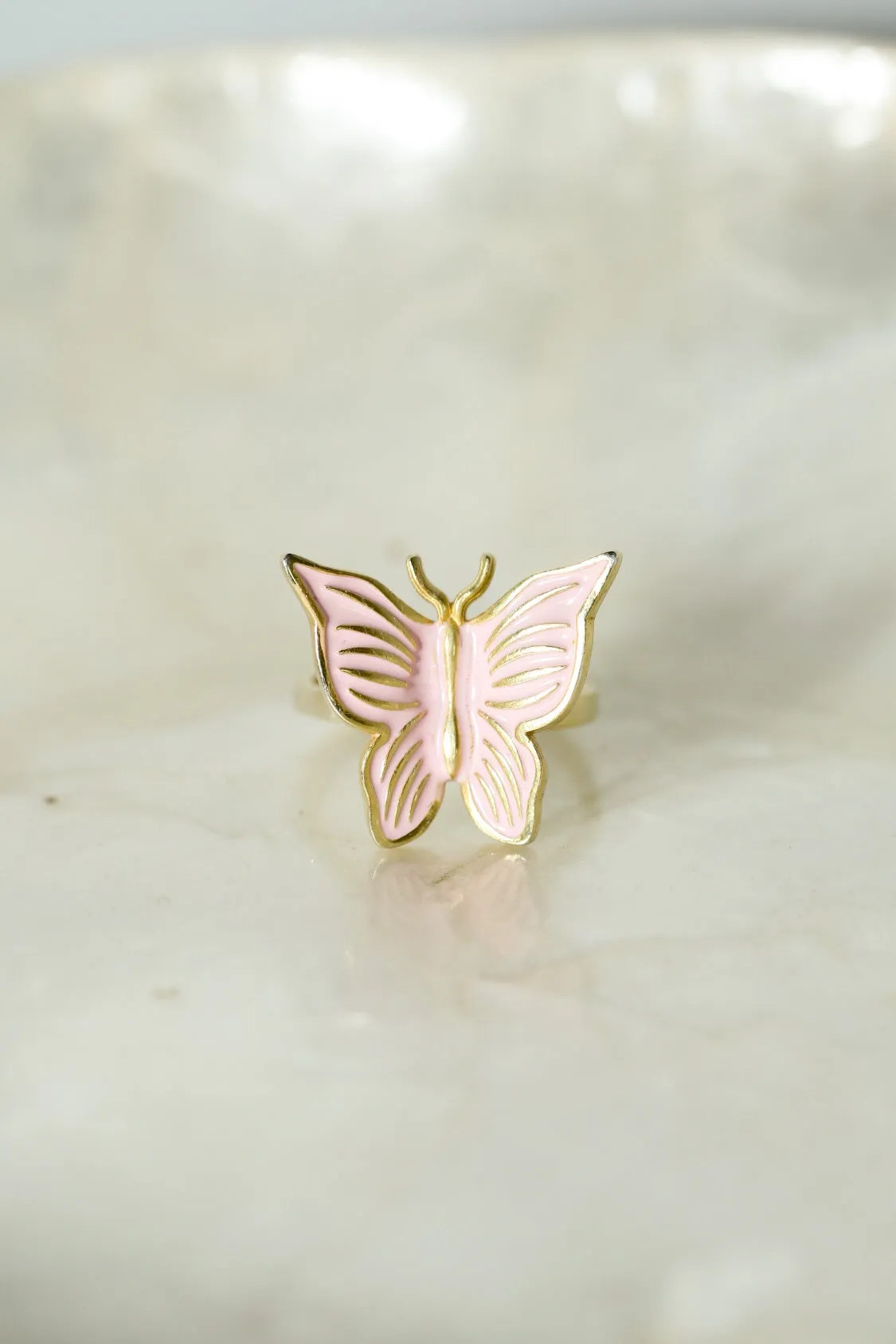 Pink Enamel Butterfly 925 Ring