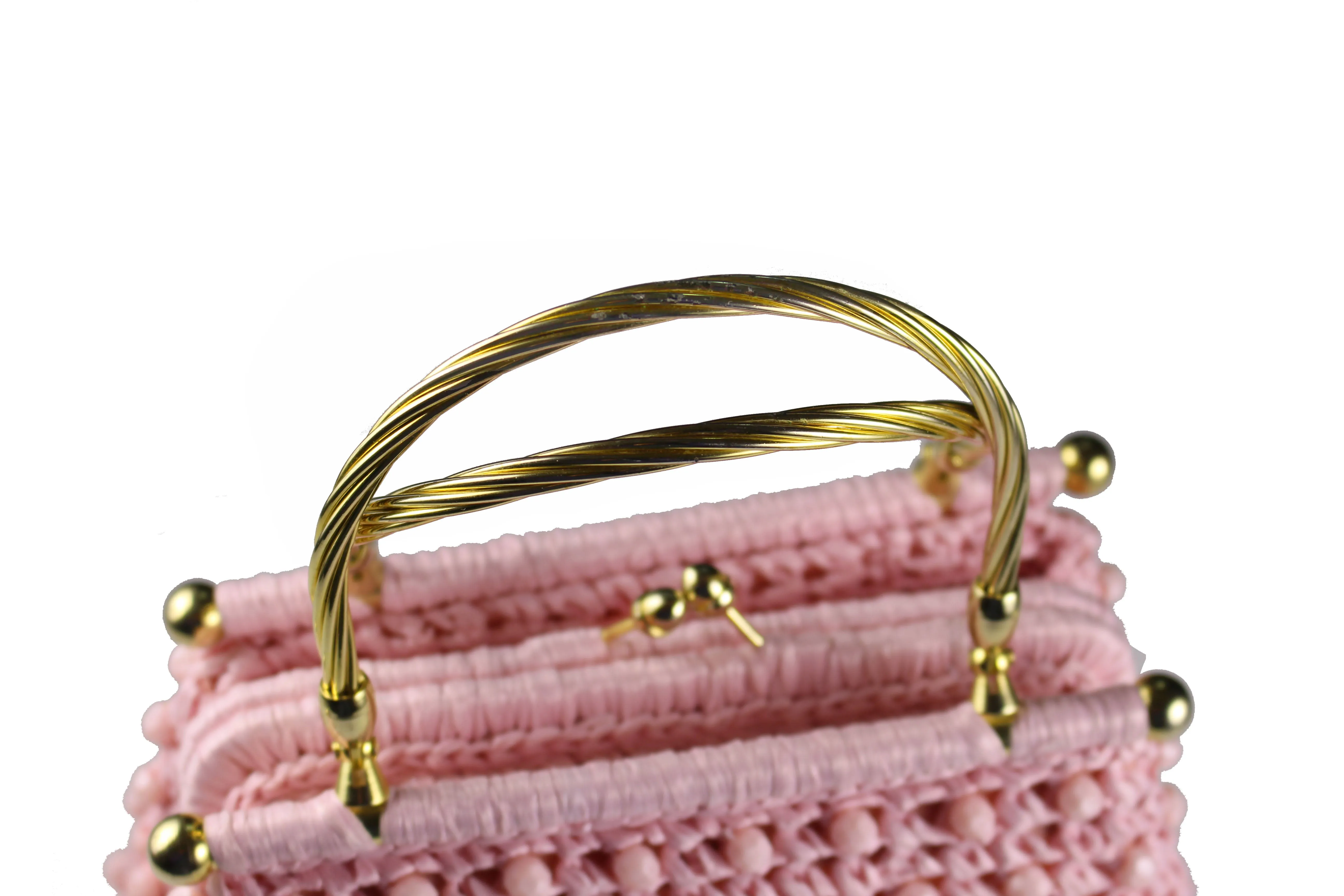 Pink raffia and beads handbag