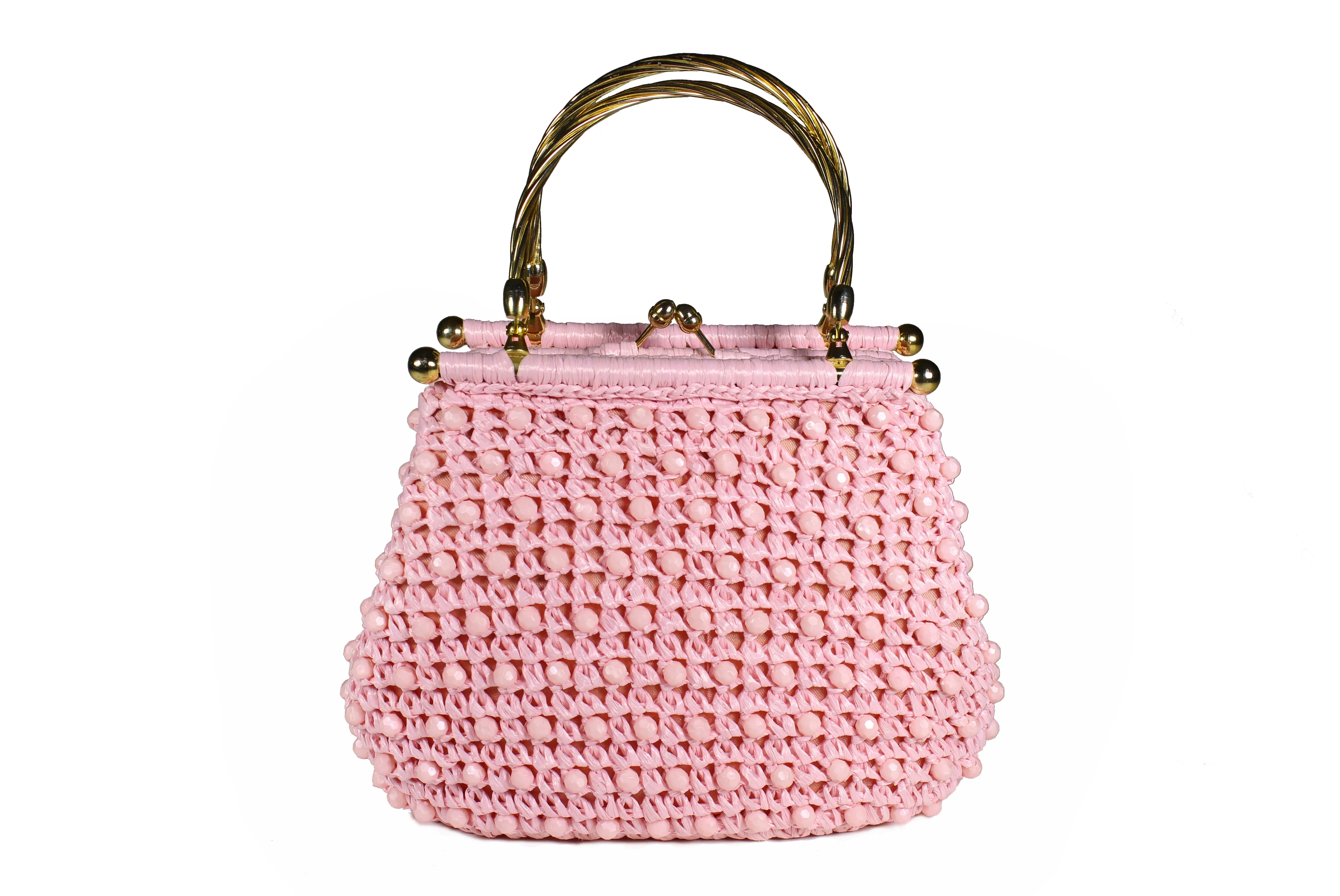 Pink raffia and beads handbag