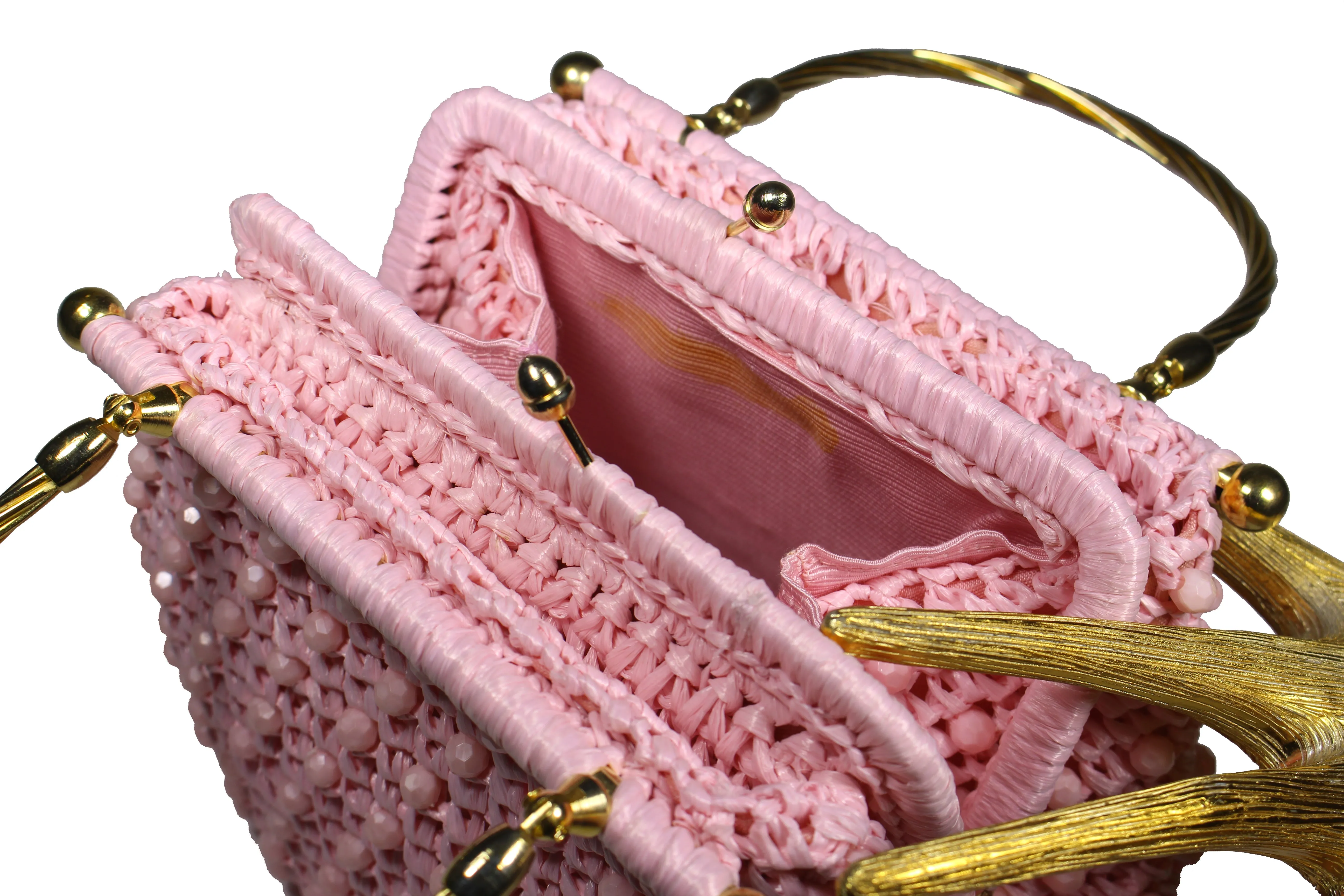 Pink raffia and beads handbag