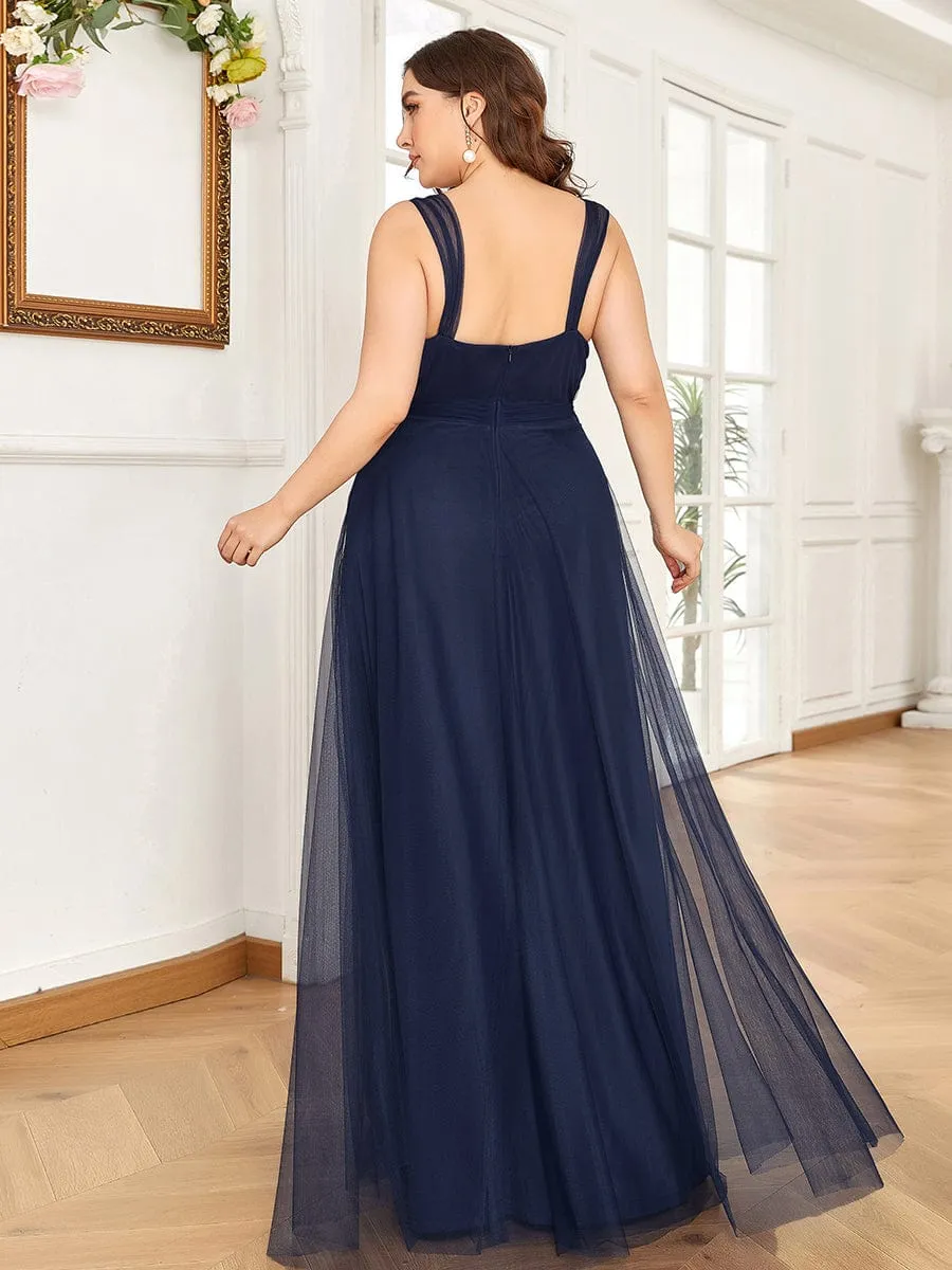 Plus Size Double V Neck Maxi Tulle Bridesmaid Dress