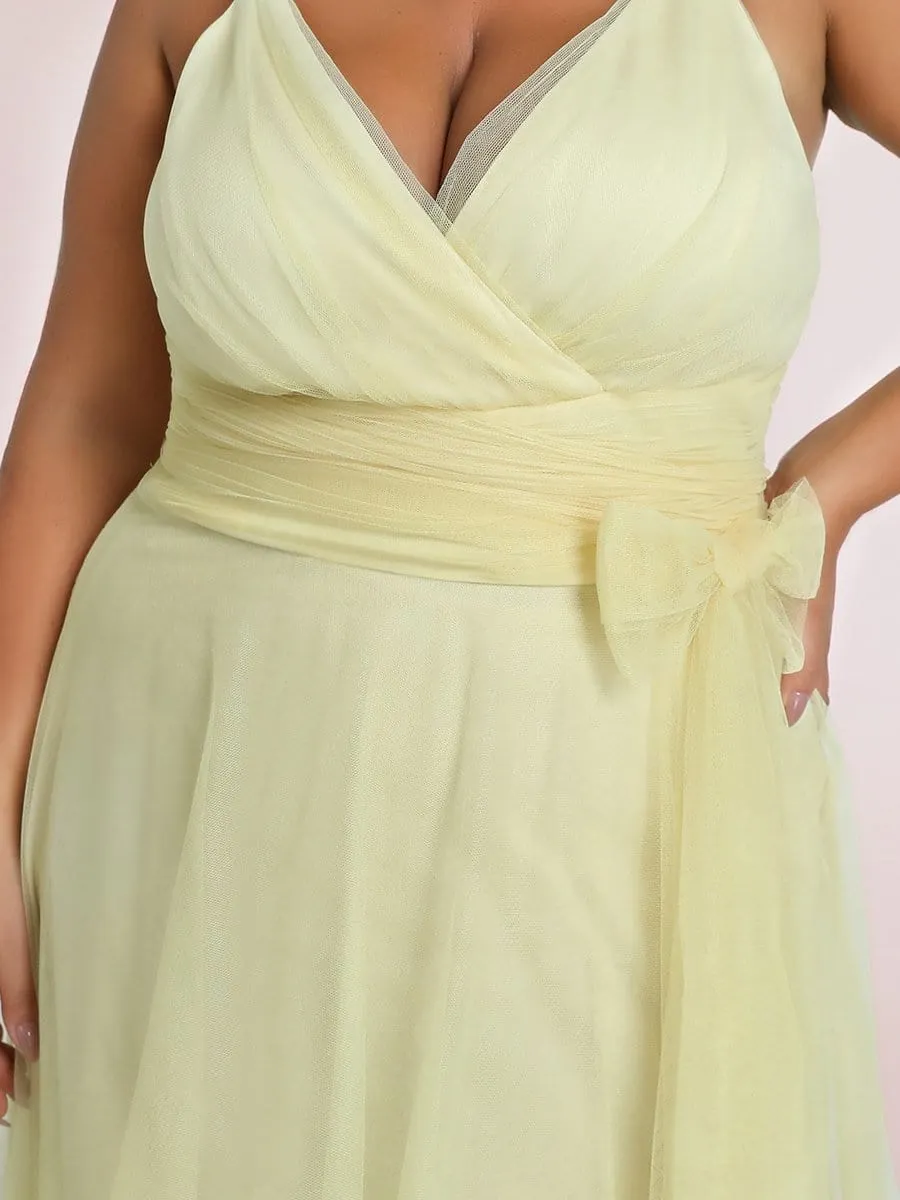 Plus Size Double V Neck Maxi Tulle Bridesmaid Dress