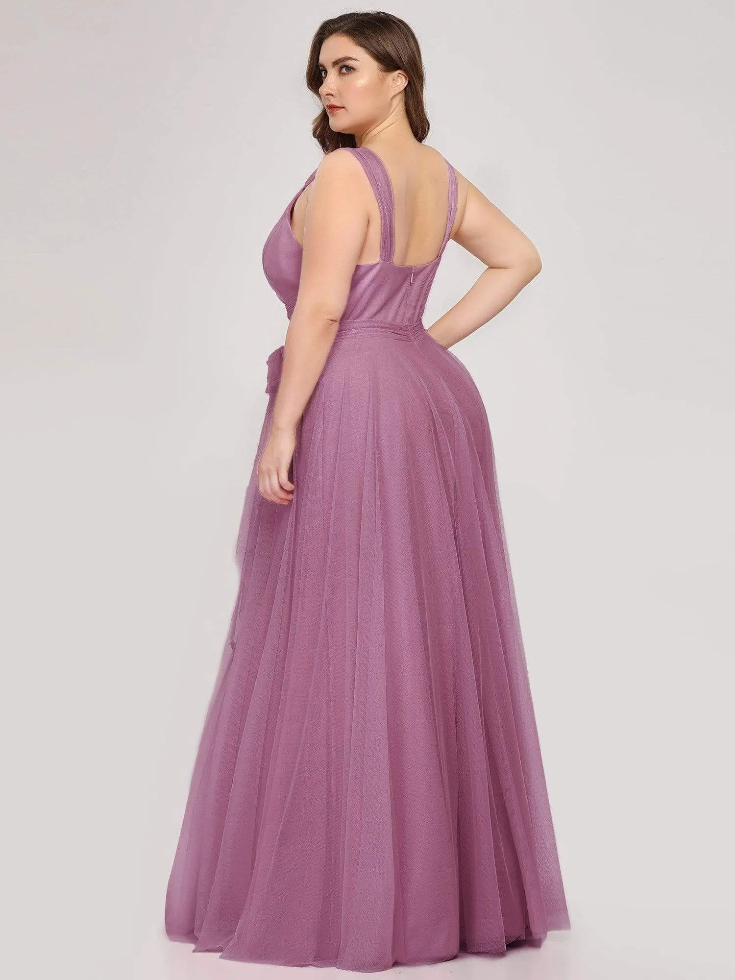 Plus Size Double V Neck Maxi Tulle Bridesmaid Dress