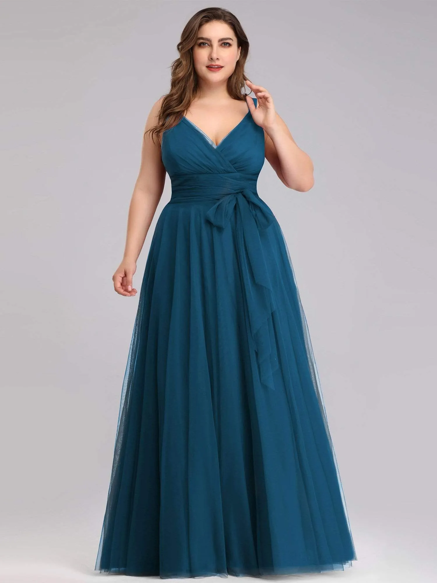 Plus Size Double V Neck Maxi Tulle Bridesmaid Dress