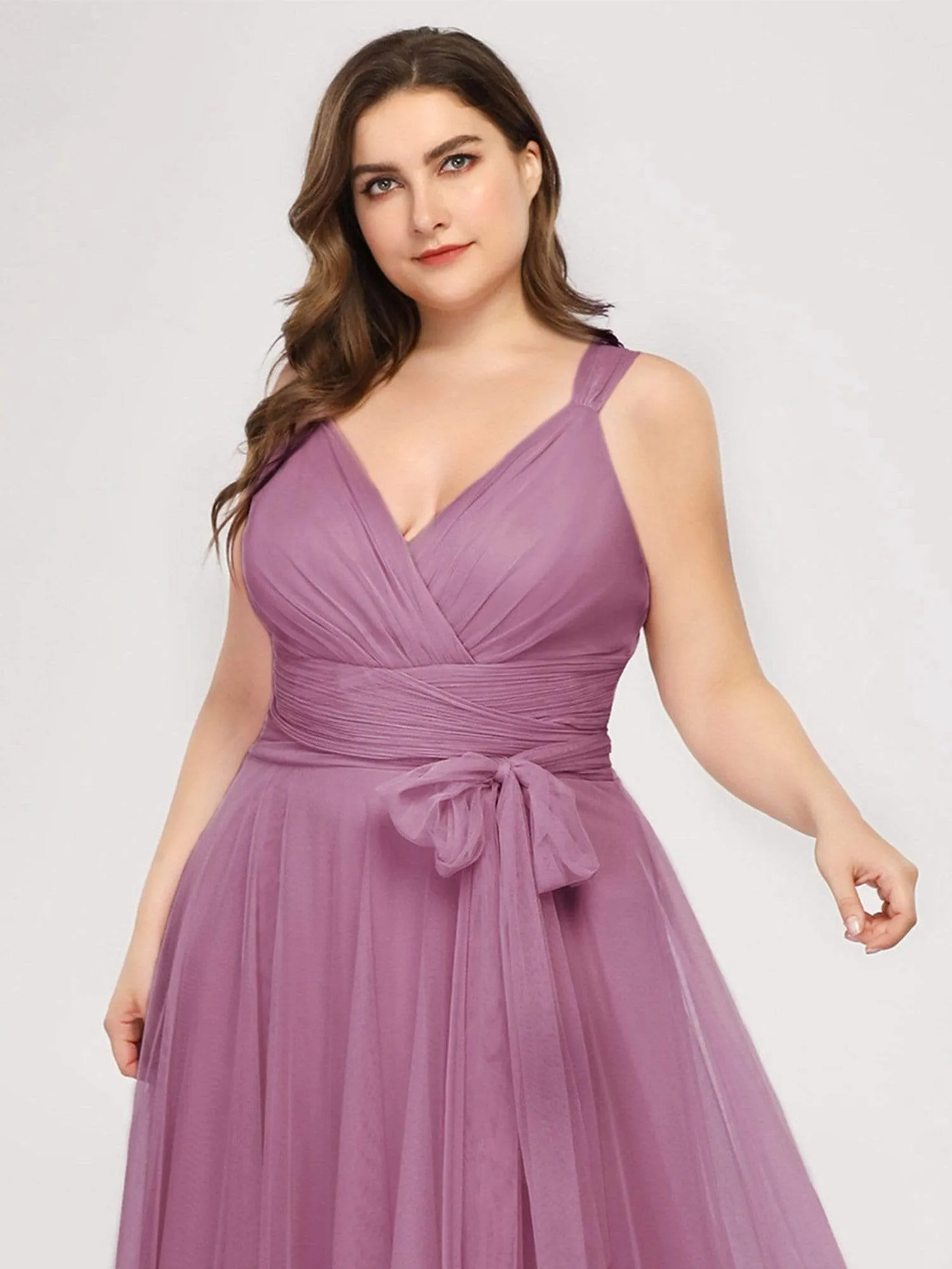 Plus Size Double V Neck Maxi Tulle Bridesmaid Dress