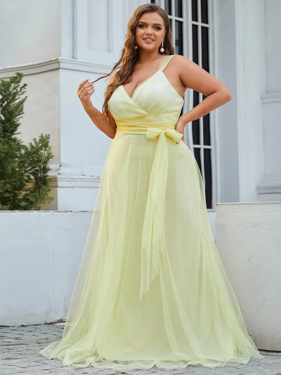 Plus Size Double V Neck Maxi Tulle Bridesmaid Dress