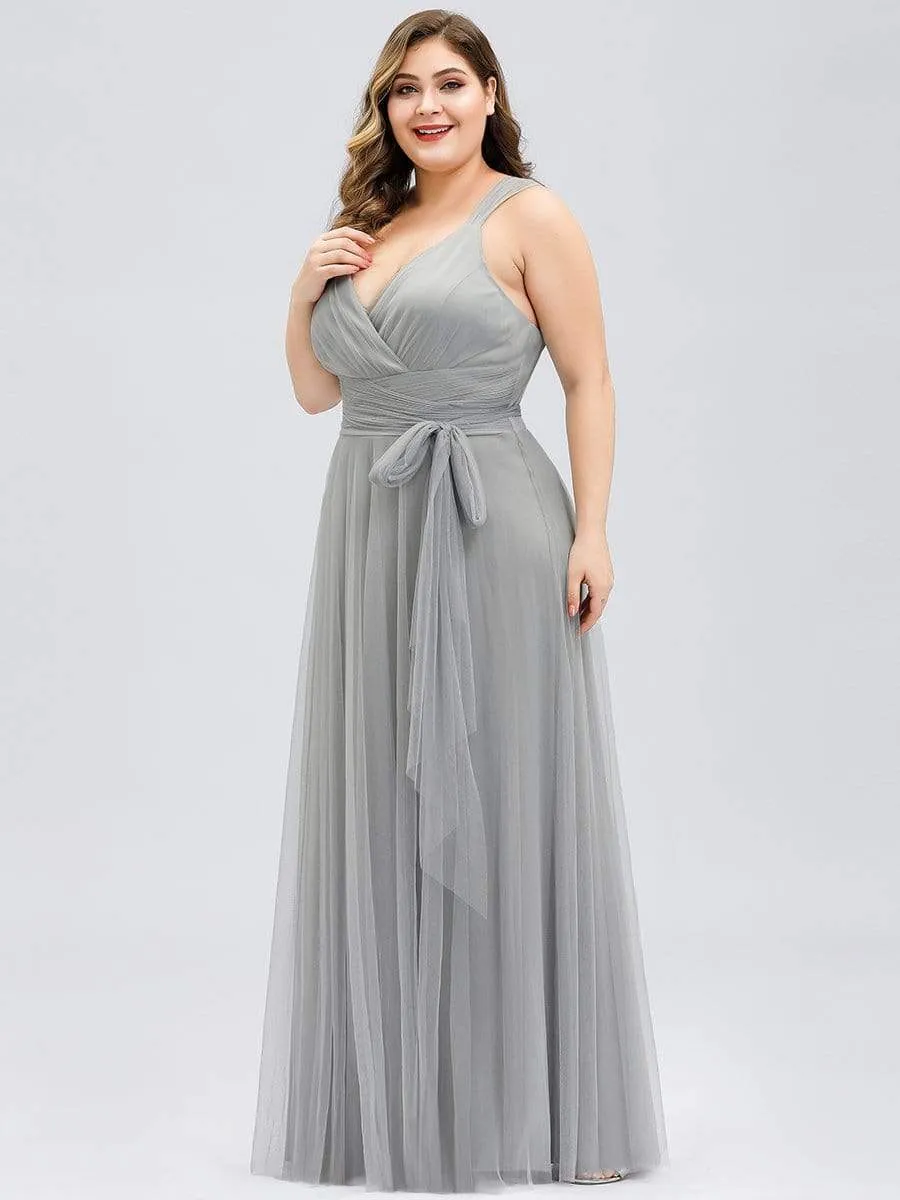 Plus Size Double V Neck Maxi Tulle Bridesmaid Dress