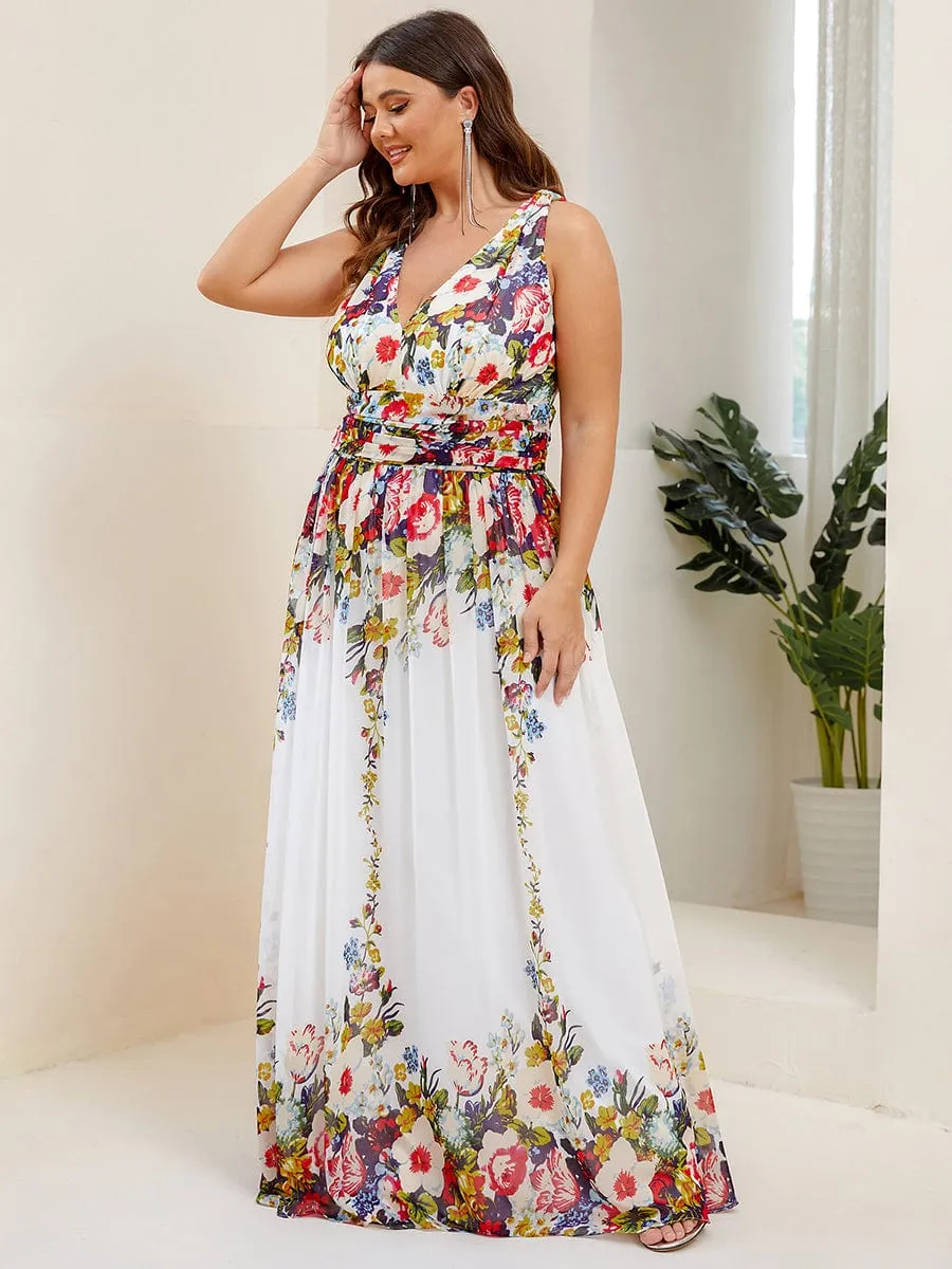 Plus Size Sleeveless V-Neck Chiffon Semi Formal Maxi Dress