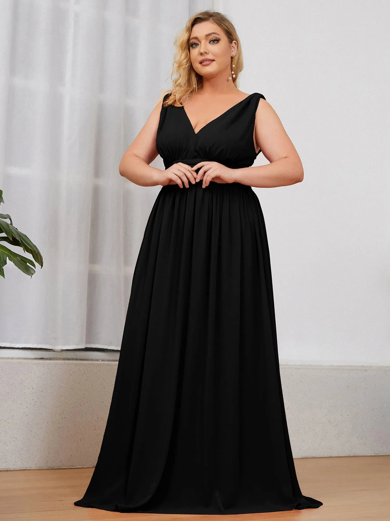 Plus Size Sleeveless V-Neck Chiffon Semi Formal Maxi Dress