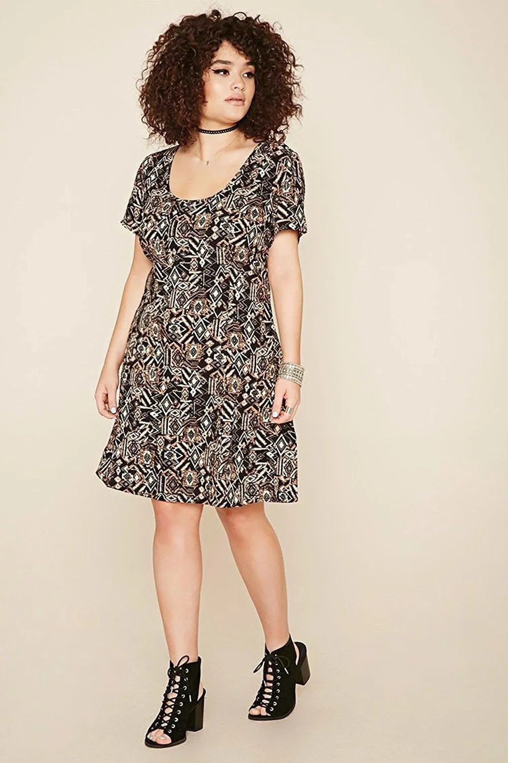 Plus Size Tribal Print Short Sleeve Skater Dress 1X