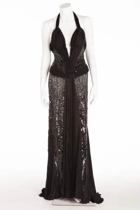 Roberto Cavalli - Limited Edition Black Sequins Pleated Long Halter Gown - IT 40