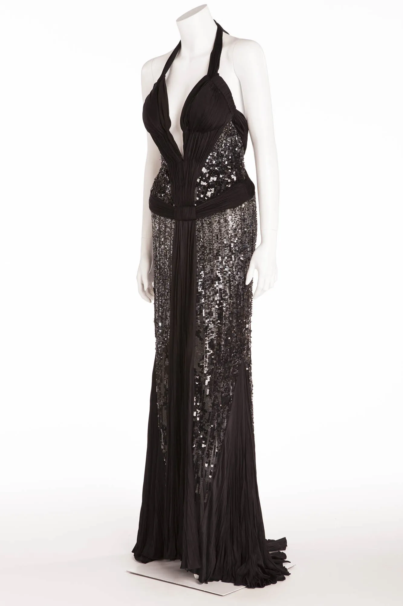 Roberto Cavalli - Limited Edition Black Sequins Pleated Long Halter Gown - IT 40