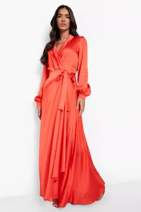 Satin Wrap Belted Maxi Dress