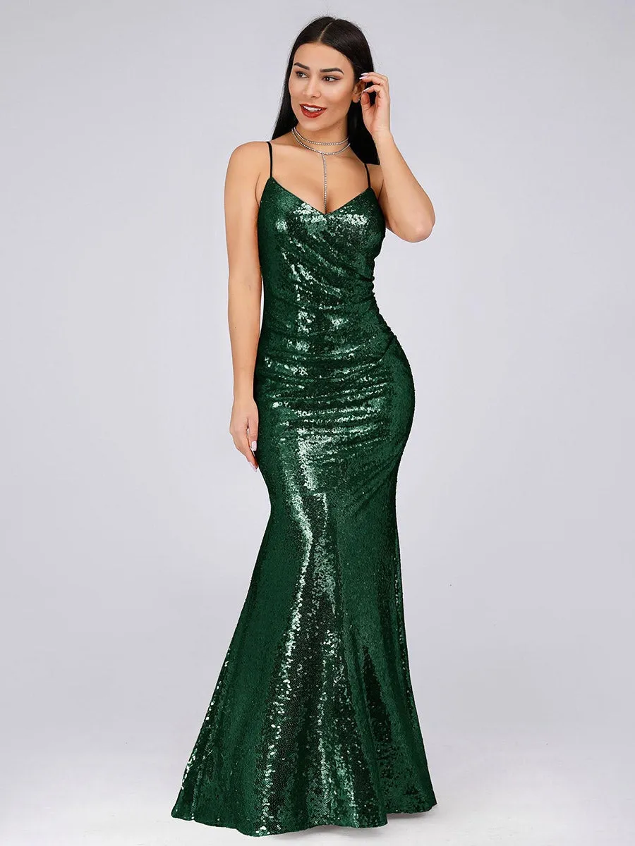 Sexy Spaghetti Straps Fishtail Sequin Wholesale Evening Gowns