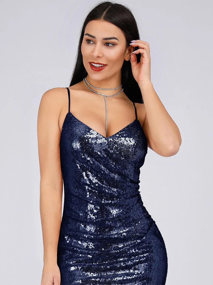 Sexy Spaghetti Straps Fishtail Sequin Wholesale Evening Gowns