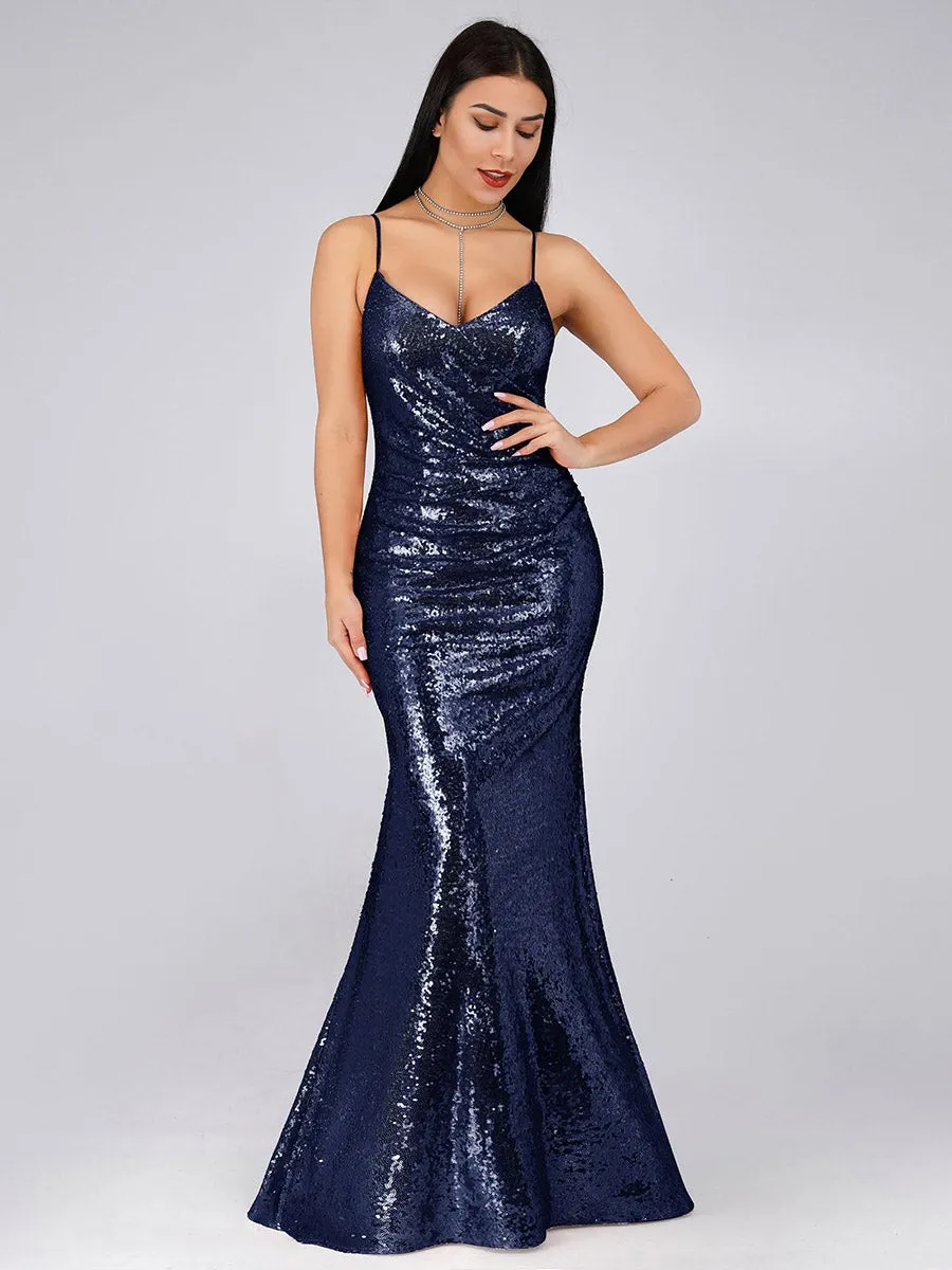 Sexy Spaghetti Straps Fishtail Sequin Wholesale Evening Gowns