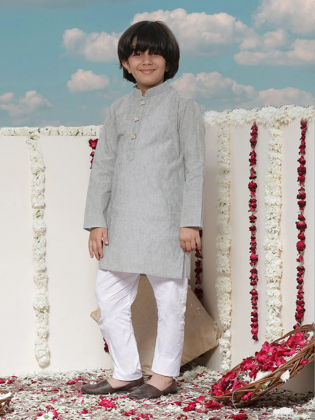 VASTRAMAY Boy's Grey Cotton Kurta and Pyjama Set