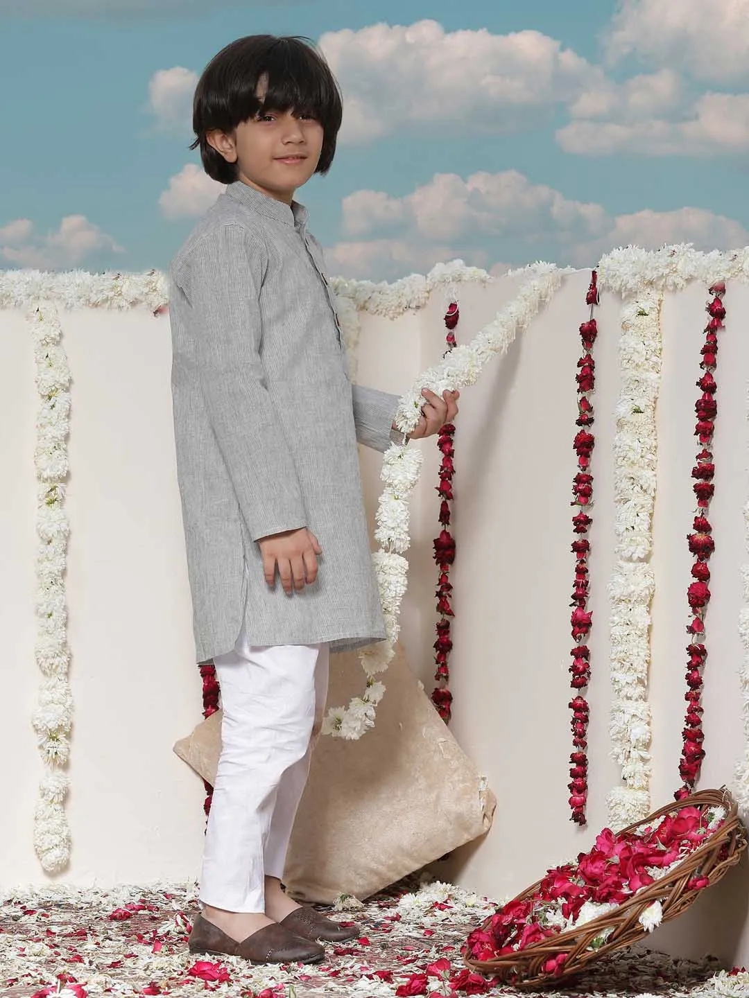 VASTRAMAY Boy's Grey Cotton Kurta and Pyjama Set